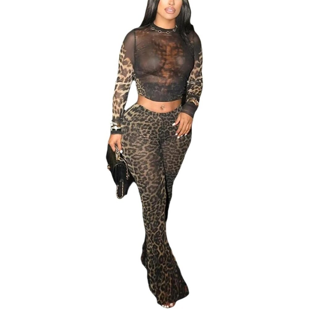 Women Two Piece Mesh Outfit Leopard Floral Long Sleeve Bodycon Pants Set